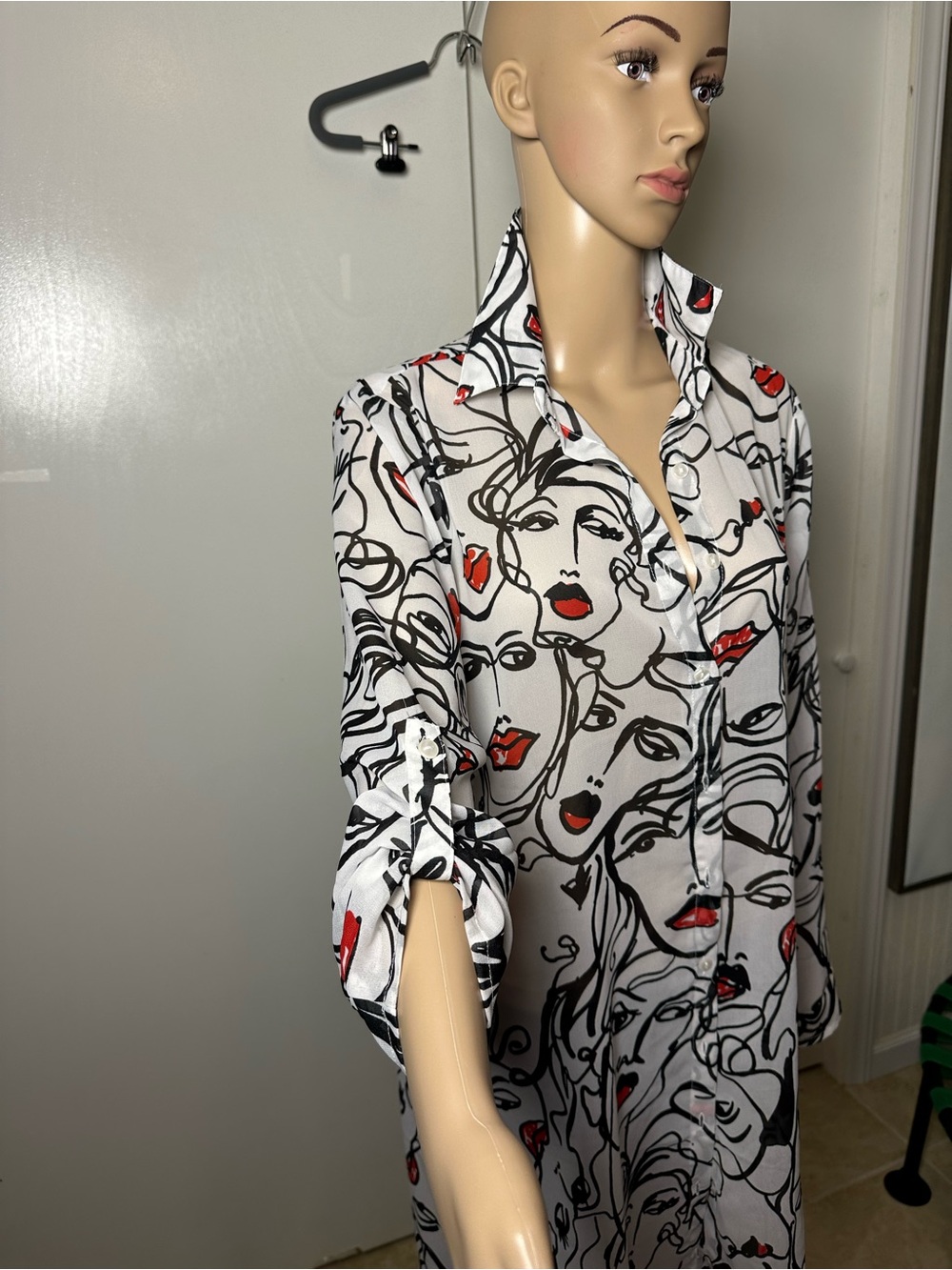 Artistic Abstract Face Button-Down Shirt in White with Black & Red